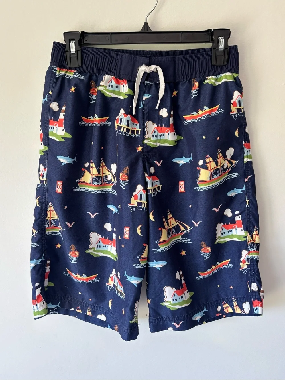 Hanna Anderson Navy Blue Swim Trunks Shorts Nautical Boats Lighthouse Beach Pool